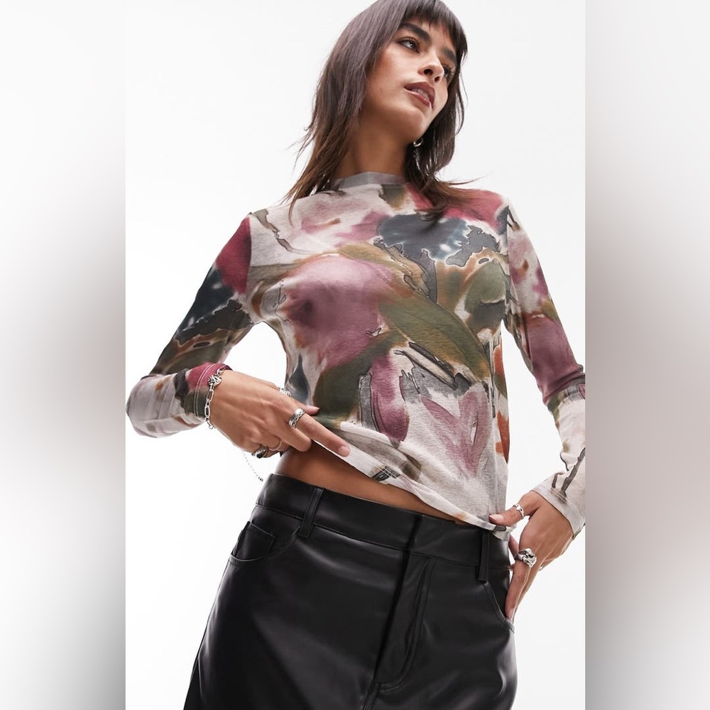 Watercolor Floral Long Sleeve Mesh Top